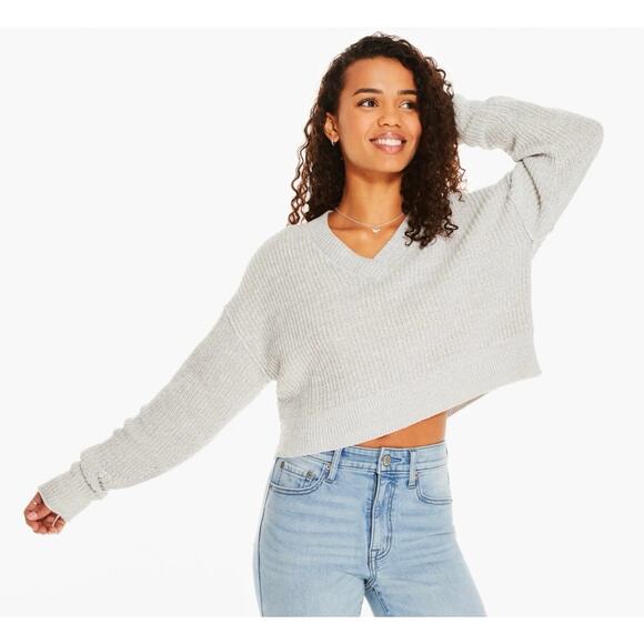 Aeropostale V Neck Sweater L Grey Cropped Long Sleeve Chunky Knit Womens NEW - Picture 10 of 10